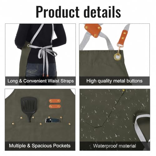 Aoomzoon Durable Kitchen Apron,Multifunctional Chef Aprons for Women & Men with Pockets for Cooking Baking & Daily Use - color: Gray Green