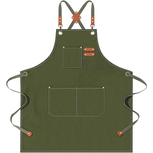 AFUN Aprons for Men Women with Large Pockets, 16-Ounce Cotton Canvas Cross Back Apron - color: Army Green