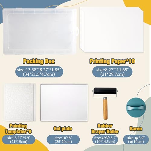 Funria Gel Printing Plate Kit with 8" X 10" Reusable Gel Printing Plate, Printing Paper, Baren, Stencils, Rubber Roller, Crafts Printmaking Supplies for Mixed Media Art Monoprinting Card Making - color: 4PC