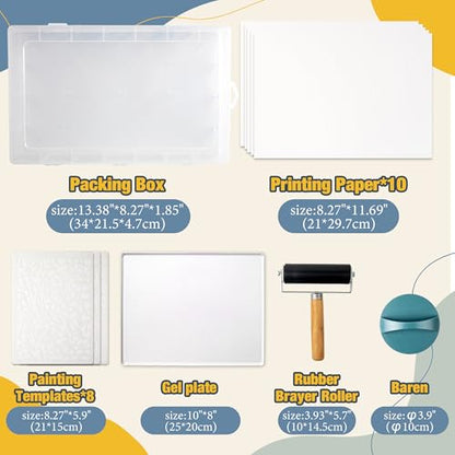 Funria Gel Printing Plate Kit with 8" X 10" Reusable Gel Printing Plate, Printing Paper, Baren, Stencils, Rubber Roller, Crafts Printmaking Supplies for Mixed Media Art Monoprinting Card Making - color: 4PC