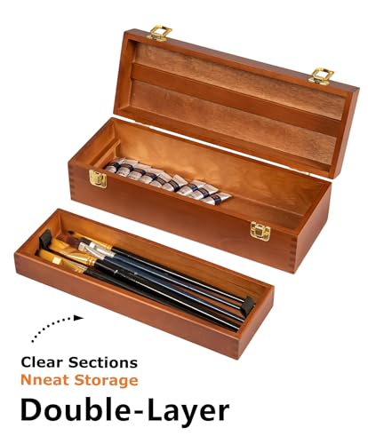 DJAR Multi-Function Artist Tool Box with Locking Clasps, Removable Tray Wooden Art Supply Box for Brushes, Pencils, Erasers,Artist Supplies Storage Organizer, Walnut - color: Walnut