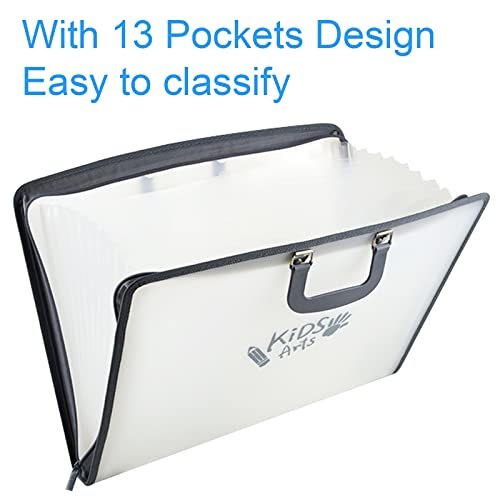 Acocony 11x17 Art Portfolio-Accordian File Organizer with 13 Pockets | 11x17 portfolio folder for artwork with Handle and Zipper Closure, Frosted Translucent,Waterproof Pack of 1