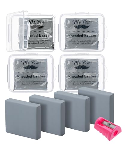 Mr. Pen- Kneaded Eraser Set, 4 Pack | Gray Moldable Art Erasers with Storage Cases & Sharpener, Soft Kneadable Erasers for Charcoal, Graphite - color: Gray, size: 4 Pack, 2" x 1.77"