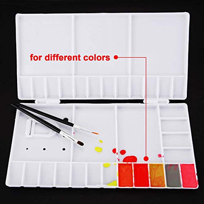 SUNIY Watercolor Palette Folding Paint Tray Plastic Painting Pallet with 33 Compartments, Thumbhole and Brush Holders, White