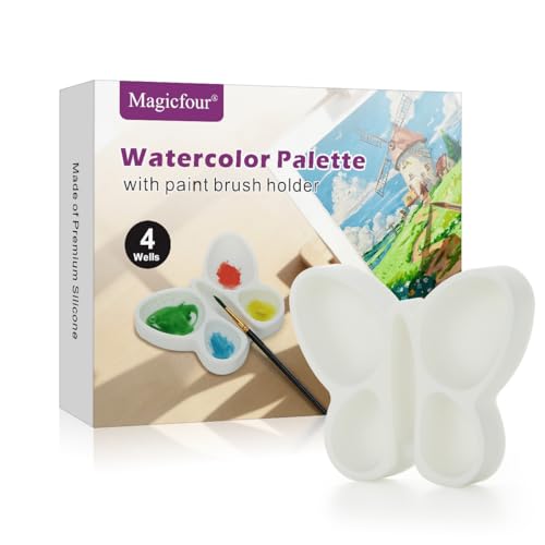 Magicfour Silicone Paint Palette, 4 Well Watercolor Mixing Tray with Paint Brush Rest for Watercolor Oil Acrylic Painting Brush, Artist Brush Holder Caddy Solution for Painting Accessories