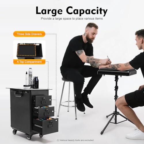 Tattoo Travel Case on Wheels, Rolling Makeup Case, 3-Drawer Tattoo Station with Adjustable Tattoo Armrest Stand, Tattoo Suitcase & Mobile Cosmetology Station, 44 lbs Capacity (Acrylic Plate) - style: Acrylic Plate