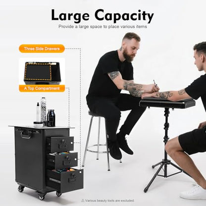 Tattoo Travel Case on Wheels, Rolling Makeup Case, 3-Drawer Tattoo Station with Adjustable Tattoo Armrest Stand, Tattoo Suitcase & Mobile Cosmetology Station, 44 lbs Capacity (Acrylic Plate) - style: Acrylic Plate
