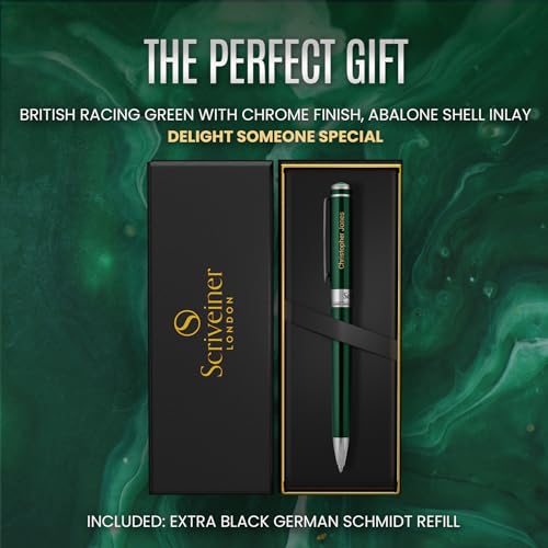 Scriveiner Personalized British Racing Green Ballpoint Pen - Stunning Green Lacquer Luxury Pen with Chrome Finish, Schmidt Ink Refill, Engraved Ball Point Gift Set for Men & Women, Custom Engraving - color: 9. British Racing Green with Chrome (Personalize