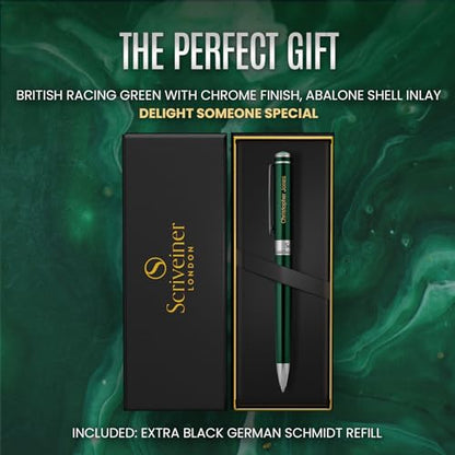 Scriveiner Personalized British Racing Green Ballpoint Pen - Stunning Green Lacquer Luxury Pen with Chrome Finish, Schmidt Ink Refill, Engraved Ball Point Gift Set for Men & Women, Custom Engraving - color: 9. British Racing Green with Chrome (Personalize