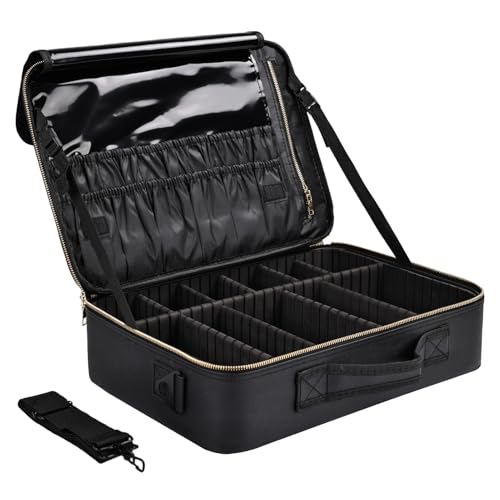 Large Travel Makeup Case, Professional Makeup Train Case Organizer, Portable Cosmetic Brush Bag Holder Waterproof Makeup Artist Storage Box with Adjustable Dividers and Shoulder Strap, Leather Black - color: Black Leather, size: Large