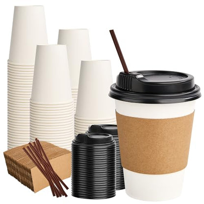 RACETOP 12 oz 100 Pack Disposable Paper Coffee Cups with Lids, Sleeves and Stirrers, Hot Cups, Paper Cups with Lids, Sleeves and Stirrers, Ideal for Home/Office - size: 12 oz