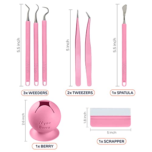 iVyne (8pcs) Premium Vinyl Weeding Tool Kit & Weeding Scrap Collector Soft Grip Tools with Berry, Weeder, Tweezers, Picker Or Hook, and Scraper Set for Silhouette Cameos & HTV- Pink - color: Silicone Tools & Berry Pink