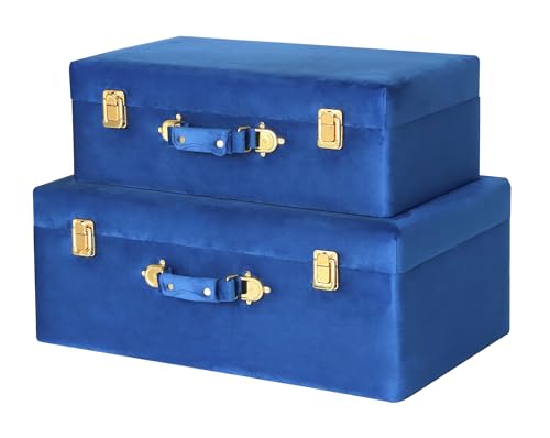 HofferRuffer Velvet Storage Trunks with Wood Frame, Set of 2 Storage Chests with Handles, Bedroom Organizer Nesting Upholstered Decorative Boxes Hinged Lid with Gold Hardware Accents (Blue Trunks) - color: Blue Trunks