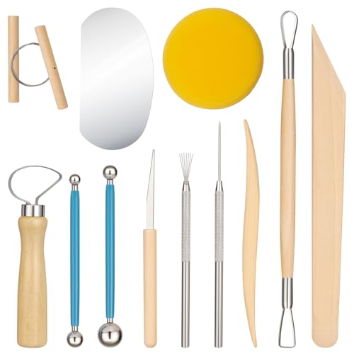 Amrules Clay Tools Kit, 12 PCS Pottery Tools, Practical Polymer Sculpting Tool Kit, Air Dry Clay Tool Set Suitable for Adults, Pottery Craft, Dotting, Drawing, Modeling, Shaping - color: Lightyellow-12Pcs