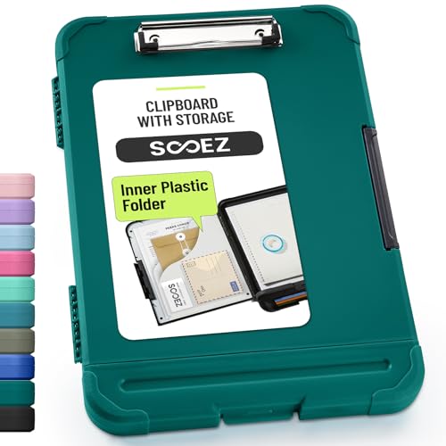 Sooez Reinforced Clipboard with Storage, Inner Plastic Folder Attached, Heavy Duty Plastic Clip Boards 8.5x11 with Pen Holder, High Capacity Nursing Clipboard for Teacher Office Home, Letter / A4 Size - color: Dark Green