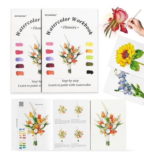 Watercolor Workbook for Beginners - Water Colors Paint Adult Set Including Video and Step by Step Tutorials,12 Flowers Water Coloring Book，300GSM Bleed-Resistant Paper，Relaxing Art Gift for Adults (Floral without Paints) - color: Floral without Paints