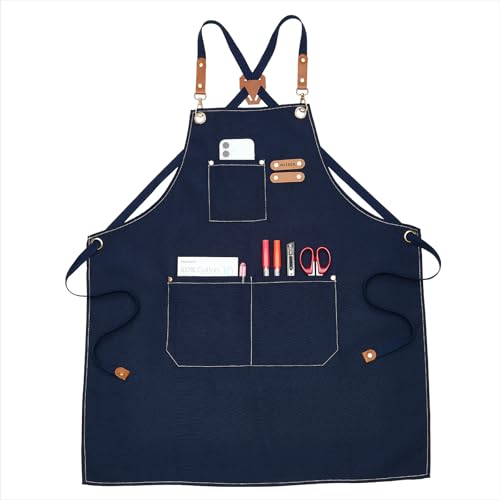 MEEDEN Painting Apron for Men Women: Adjustable Cross Back Waterproof Polyester Canvas Art Apron with 3 Pockets - Artist Apron for Acrylic Oil & Watercolor Painting, Gardening, Cooking - Navy - color: Navy