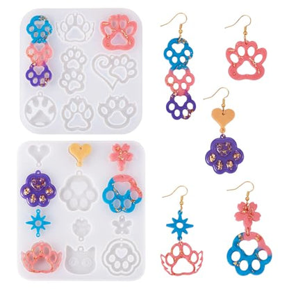 Elecrelive 2Pcs Cat Dog Paw Print Resin Jewelry Molds Earring Pendants Epoxy Mold Animal Footprints Jewelry Kit for DIY Craft Necklace Keychains Decoration