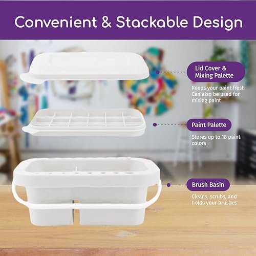 Paint Brush Organizer Kit - Portable Cleaner & Holder with Lid, 18-Well Palette, Multi-Use Rinse Cup for Acrylic, Watercolor, Water-Based Paints - White Plastic Utility Tray