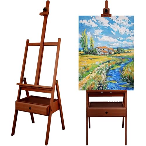 Large Wooden H-Frame Studio Easel, Solid Beechwood Easel Stand with Storage Drawer, Height Adjustable to 35 Inches High, Suitable for Painting, Sketching and Displaying, Walnut - style: Basic Walnut