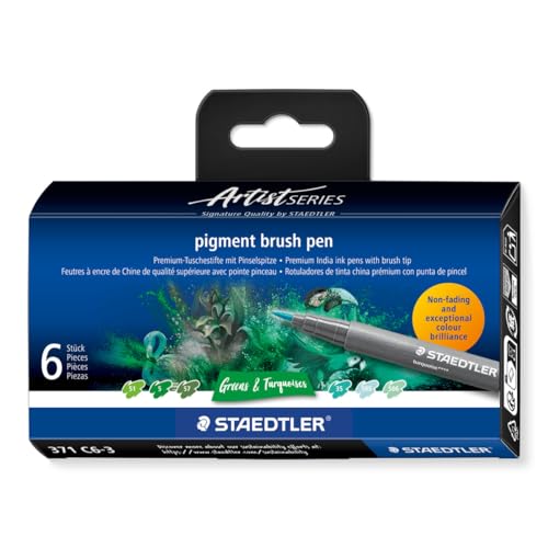 STAEDTLER Pigment Arts Brush Pen, Brush Green & Turquise, Pack of 6 Pens, 371 C6-3 - color: Green and Turquoise