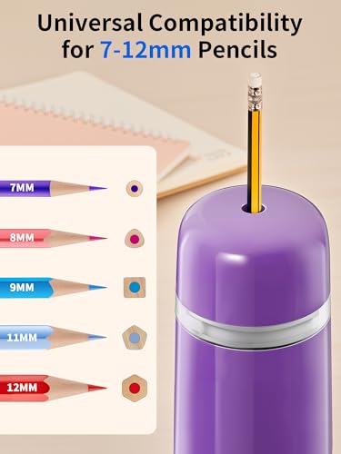 JARLINK Automatic Electric Pencil Sharpener - Hands-Free Operation, 3 Sharpness Modes, 3-Second Sharpening, Rechargeable & Portable for 7-12mm Pencils, Ideal for Classroom and Home Use (Purple) - color: Purple