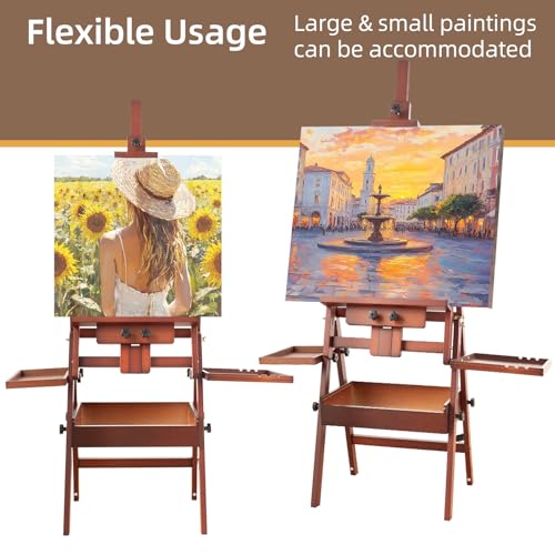 Large Horizontal Wooden H-Frame Studio Easel with Storage Drawer and Palettes, Solid Beechwood Painting Easel for Students, Beginners, and Artists, Hold Canvas to 50Inches High,Walnut - style: Horizontal Walnut