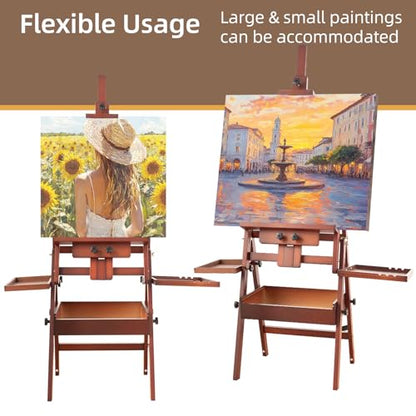 Large Horizontal Wooden H-Frame Studio Easel with Storage Drawer and Palettes, Solid Beechwood Painting Easel for Students, Beginners, and Artists, Hold Canvas to 50Inches High,Walnut - style: Horizontal Walnut