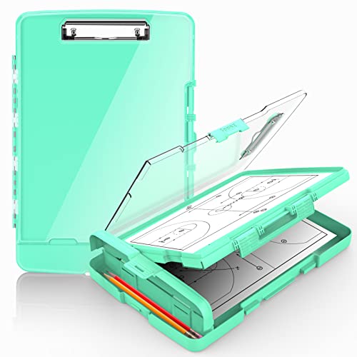 Sooez Original Clipboard with 2 Storage & Pen Holder, Heavy Duty Clip Boards 8.5x11 with Dual Storage, Clearview Dry Erase Coach Clipboard with Real Hinge, High Capacity, School & Office Supplies - color: Turquoise
