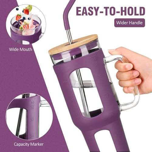 Glass Tumbler with Lid and Straw, 46 oz Iced Coffee Cup with Handle, Glass Water Bottles with Silicone Sleeve, BPA Free-Dark Purple - color: Dark Purple, size: 46 Ounces