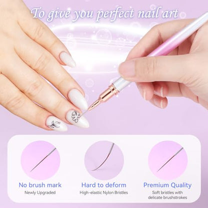 5Pcs Nail Art Liner Brushes For UV Gel Polish, Metal Handle Thin Lines Fine Drawing Pen Painting Striping Detail Design Nails Brush Set Manicure DIY Tool, Sizes 7/9/12/15/20mm（Gradient powder） - color: Gradient Powder