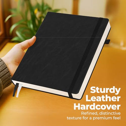 Thick Lined Journal Notebook 8.5x11" with Big A4 Hardcover Leather - Black - 300 Pages College Ruled Large with Sticky Tabs, Pockets, & Pen Loop for Writing and Journaling - Hard Cover Fancy Notebook - color: Black, size: A4 300 Pages