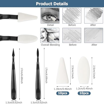 AGPTEK 48 PCS Sketch Drawing Tools, 20 Blending Stumps Set and 2 Sandpaper Pencil Sharpeners, Pencil Extension, Erasers,20 sponge replacement heads & 1 Felt Bag for Student Sketch Drawing Accessories