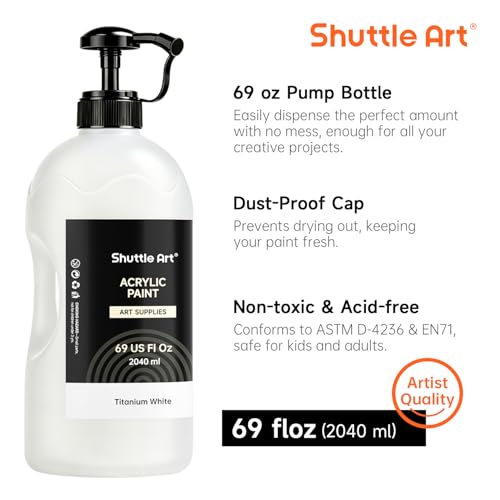 Shuttle Art Titanium White Acrylic Paint Set, 2×69oz/2040ml Large Capacity Pump Bottles with Covers, High Coverage, Fast Drying Non-Toxic Art Paint for Artists, Students, Kids & Multi-Surface - color: White, size: 69 Fl Oz (Pack of 2)