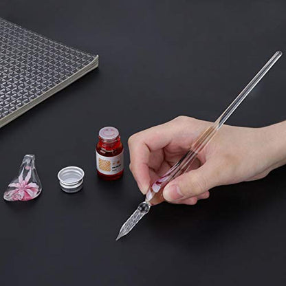 Glass Dip Pen, Glass Ink Pen Set, Crystal Elegant Flower Signature Ink Pen, Calligraphy Pen Set with Pen Holder for Signatures, Gift Cards Writing, Calligraphy Beginners