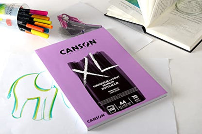 CANSON XL Marker 70gsm A4 Paper, Very Smooth, Pad Glued Short Side, 100 Extra White Sheets, Ideal for Professional Artists & Illustrators