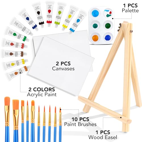 ESRICH 26 PCS Acrylic Paint Set with 12 Colors Acrylic Paints (12ml, 0.4 oz), 10 Paint Brushes, 2 Canvas, 1 Wood Easel, 1 Plate, Painting Supplies Kits for Kids, Adults, Artists and Beginners - color: 12 Color