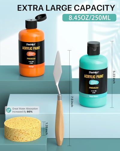 JusArt 24 Colors Acrylic Paint Set, Including Gold and Silver, 8.45oz(250ml) Large Bottles Adult Artist Paints for Canvas, Crafts, Mural, Rocks, Clay, Fabric, Wood - color: 24 color (8.45oz)