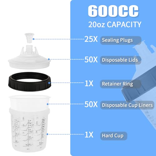 600 ml Disposable Paint Spray Gun Cup for Automotive Paint Gun, HVLP Paint Spray Paint Gun, 50 Pack Standard Size 20 Ounce Kit Paint Mixing Cups - 50 Cup Liners, 50 Lids with Strainer, 1 Hard Cup