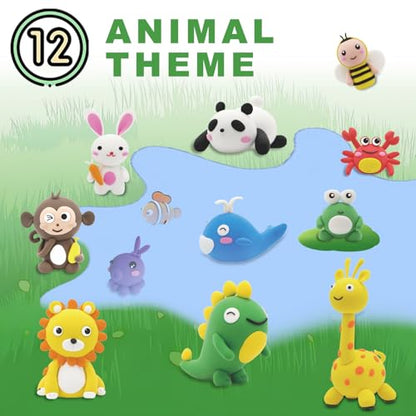 Air Dry Clay Kit for Kids: 12 Animals Modeling Magic Clay Set with Sculpting Tools and Tutorials Safe Non-Toxic & Light Soft DIY Art Craft Molding Clay School Class Home Party Gifts for Boys Girls
