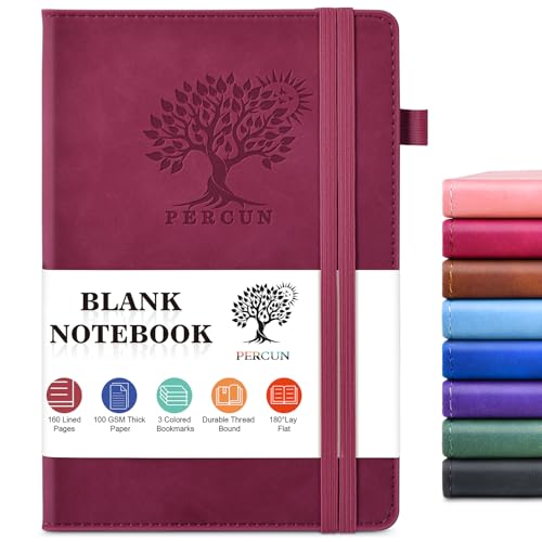 PERCUN Blank Journal Notebook, A5 Hardcover Sketchbook, 140 Pages 5.9"×8.5" | Leather Unlined Notebook for Drawing & Writing, Travel Diary, Art Journal for Men Women, School & Work - color: Wine red, size: Blank Page