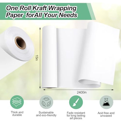 Phinus Craft Paper Roll 15''×2400'', Industrial-Grade Kraft Paper Roll, White Easel Paper Roll for Kids for Moving, Gift Wrapping, Wall Art, Table Runner, Floor Covering, Packing, Bulletin Board Paper - size: 15"×2400"