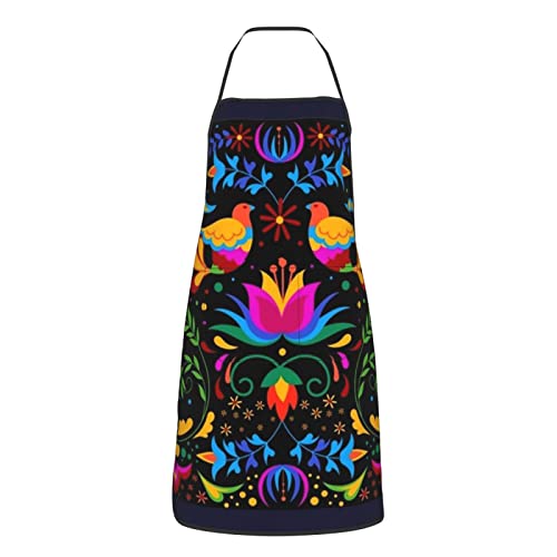 Mexican Floral Aprons, Waterproof Adjustable Apron for Kitchen Bbq with 2 Pockets, Gifts for Women Men - color: Colorful Mexican Background With Flowers and Birds