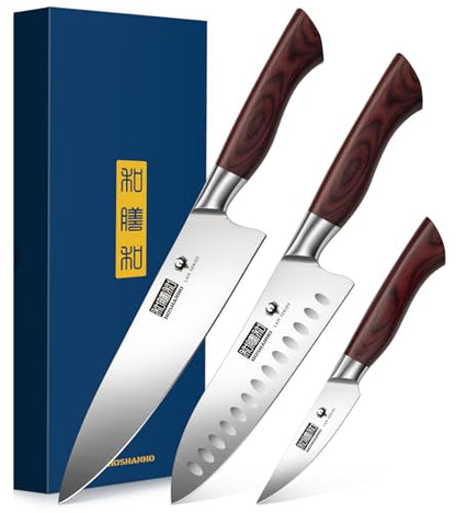 HOSHANHO 3-Piece Kitchen Knife Set, Ultra Sharp Chef/Santoku/Paring Knives,Professional High Carbon Steel Knives with Ergonomic Handle, Ideal Cooking Gift Set - size: 3 Pieces Knife Set