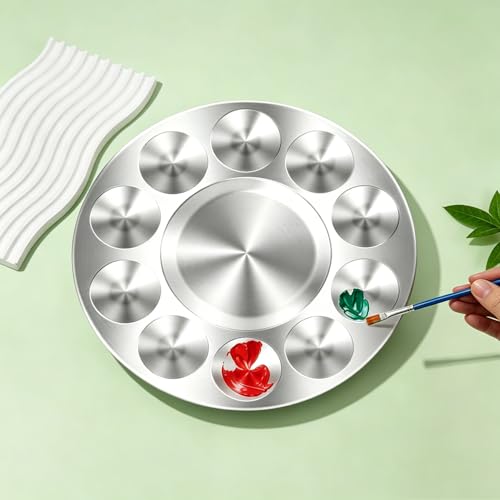 JKJF 2 Pcs Round Paint Tray Palettes, Metal 10 Well, for Artist Watercolours DIY Craft Professional Art Painting