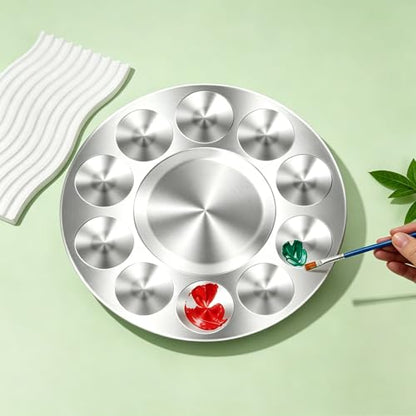 JKJF 2 Pcs Round Paint Tray Palettes, Metal 10 Well, for Artist Watercolours DIY Craft Professional Art Painting