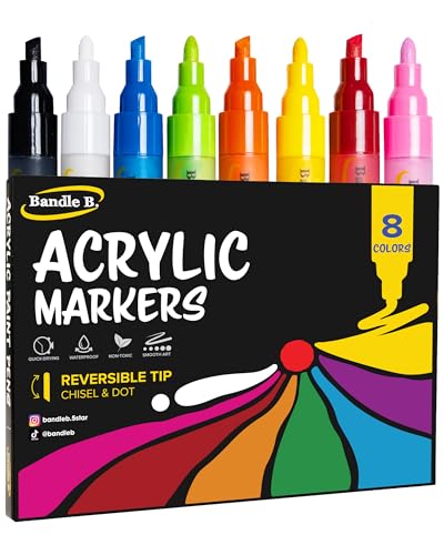 Bandle B. Acrylic Paint Markers – Set of 8 Paint Pens for Art, Fabric, Coloring, and Journaling–Quick-Drying, Waterproof, Non-Toxic, Reversible Chisel-Dot Tip - style: 8 Colors Paint Markers
