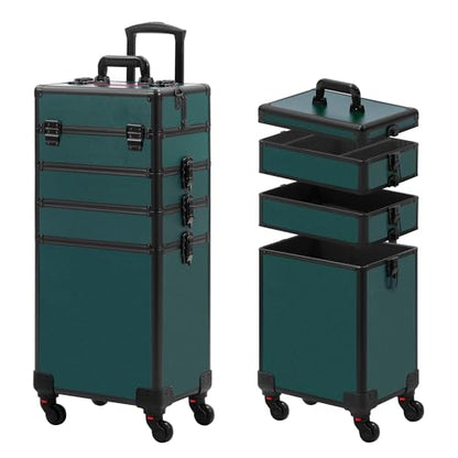 Somduy Makeup Train Case, Rolling Makeup Case with Lid, 5 in 1 Cosmetology Case on Wheels, Christmas Gift, Large Makeup Case Organizers, Profesional Cosmetic Case for Salon Barber, Black Green - color: Black Green