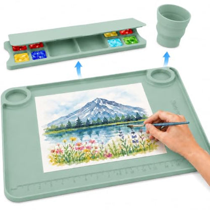 Svartur Silicone Painting Mat with Cup and Palette Detachable, 17"X13" Thick Silicone Craft Mat with Raised Edge for Artist, Painting Station Creator Mat, Green - color: Green