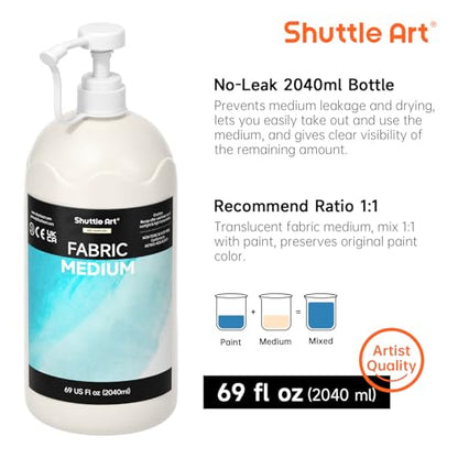Shuttle Art Fabric Medium, 69 oz /2040ml Professional Textile Medium with Pump for Fabric Painting, Improve Acrylic & Fabric Paint Adhesion, Softness, Vibrancy, Prevent Fading, Ideal for T-Shirts,Shoes,Jeans,Bags - size: 69 Fl Oz (Pack of 1)